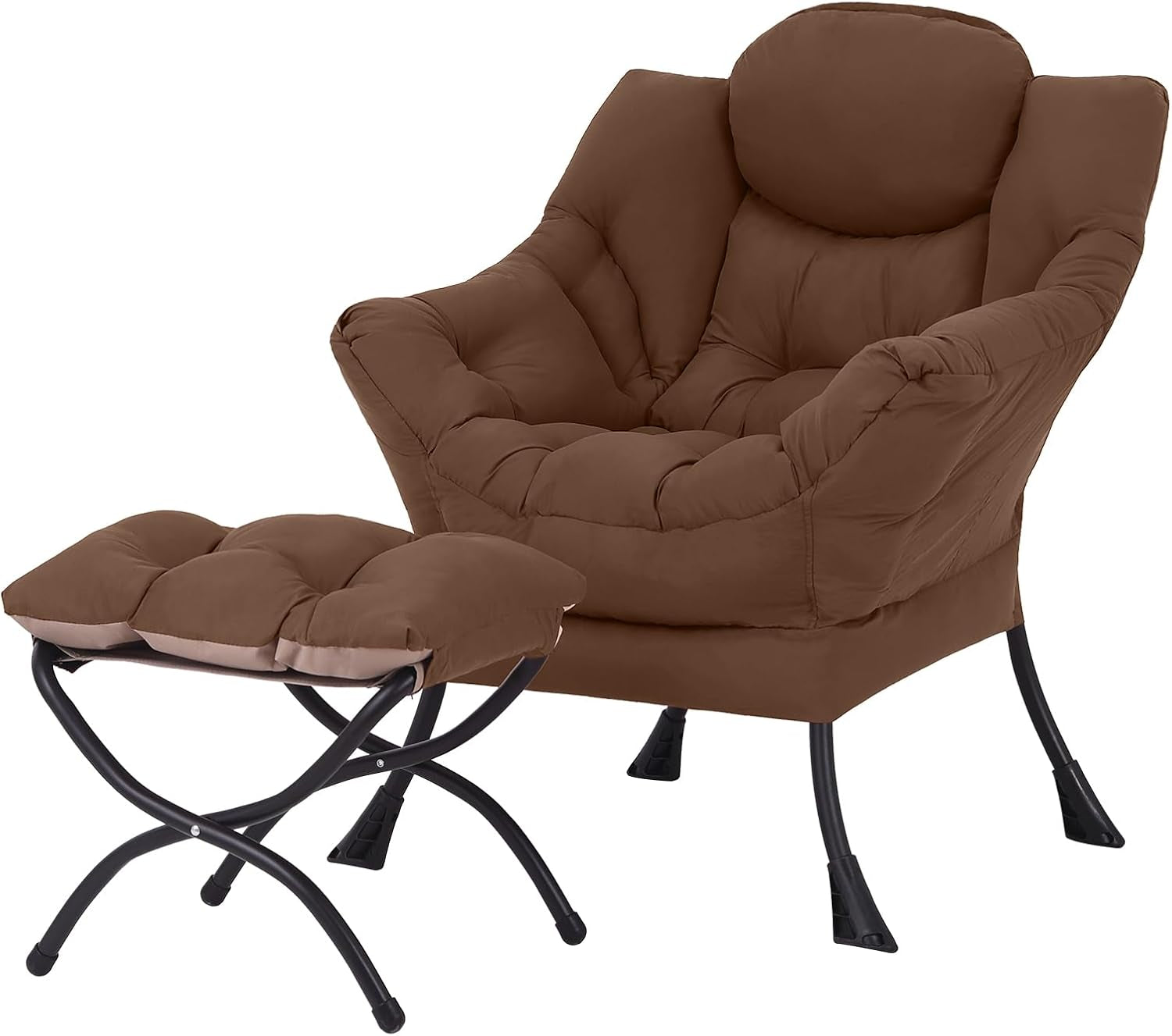Deep brown cushioned lounge chair with matching ottoman, both on black crisscross metal bases.