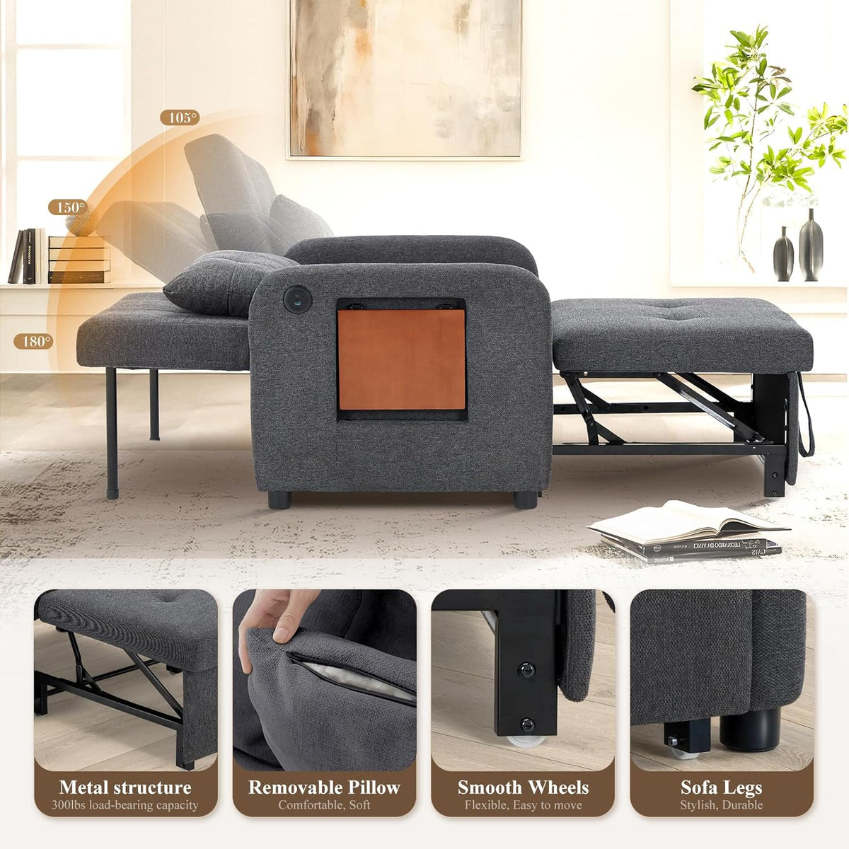 Side profile of dark grey sleeper chair flat as a bed, showing adjustable backrest angles and metal frame.