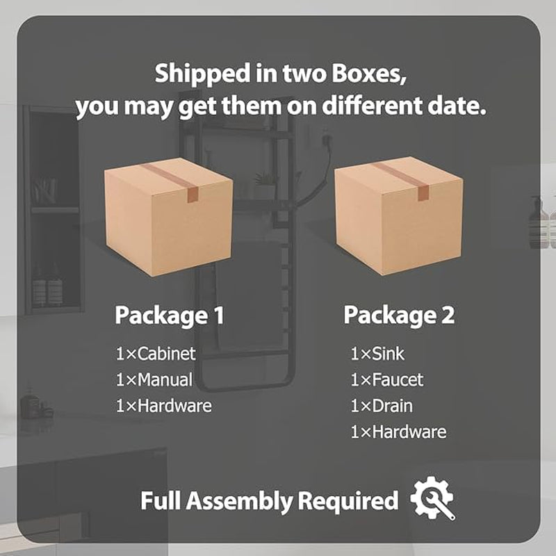 Graphic showing two cardboard boxes labeled as separate packages and an icon indicating assembly required.