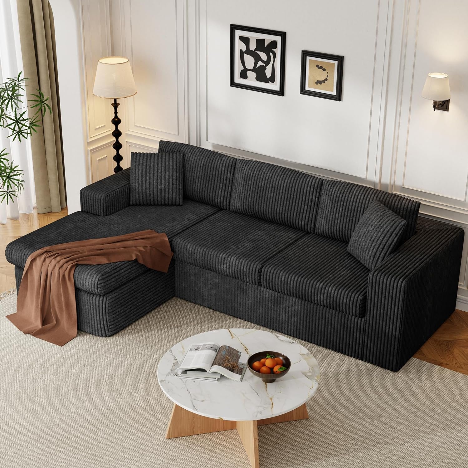 105" Boneless Couches for Living Room Modular Sectional Sofa L-Shape Couch with Oversized Chaise, Cloud Couch Deep Seat Memory Foam Upholstered for Bedroom, Plush Corduroy Fabric,Night Black