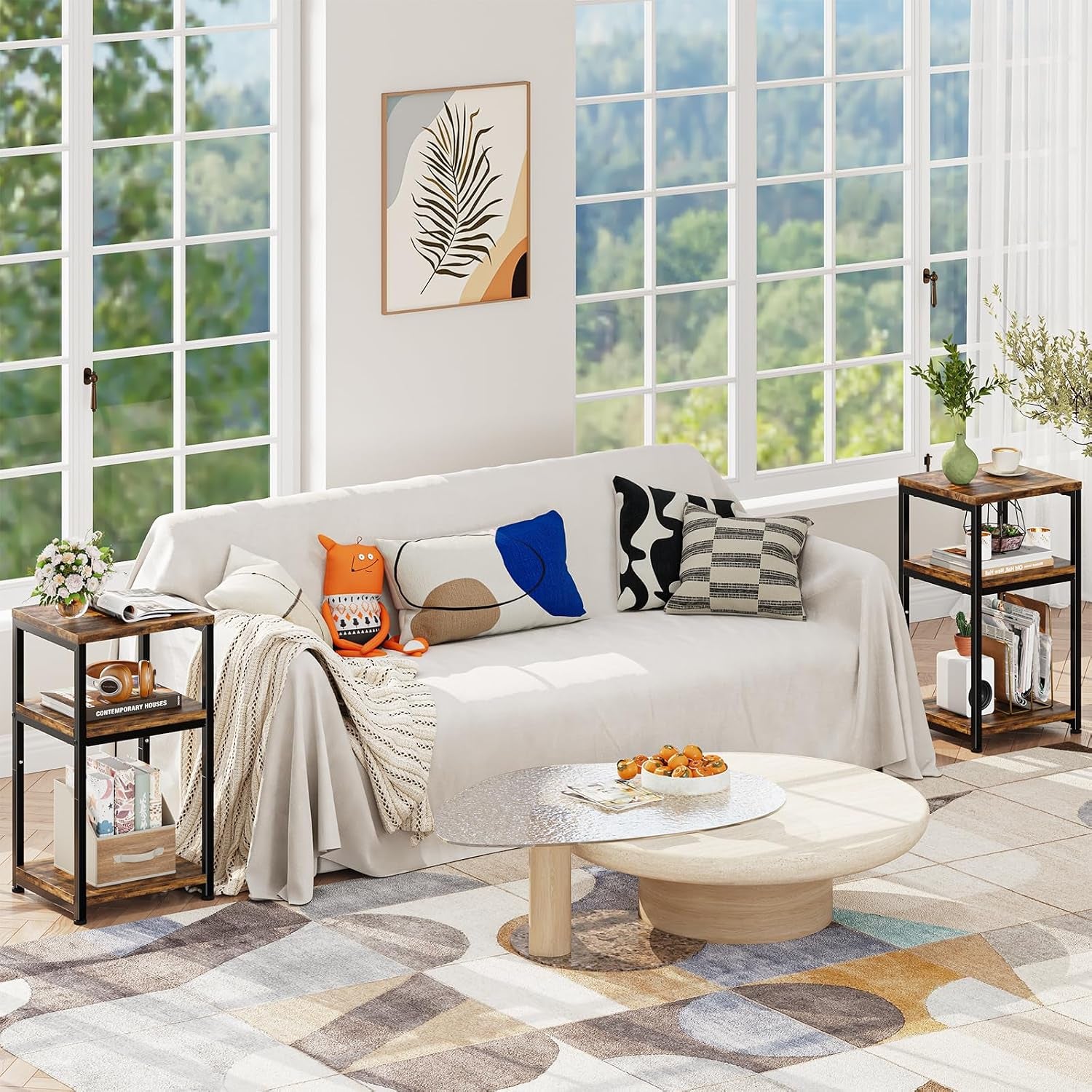 Living room scene with two matching rustic brown 3-tier side tables beside a sofa