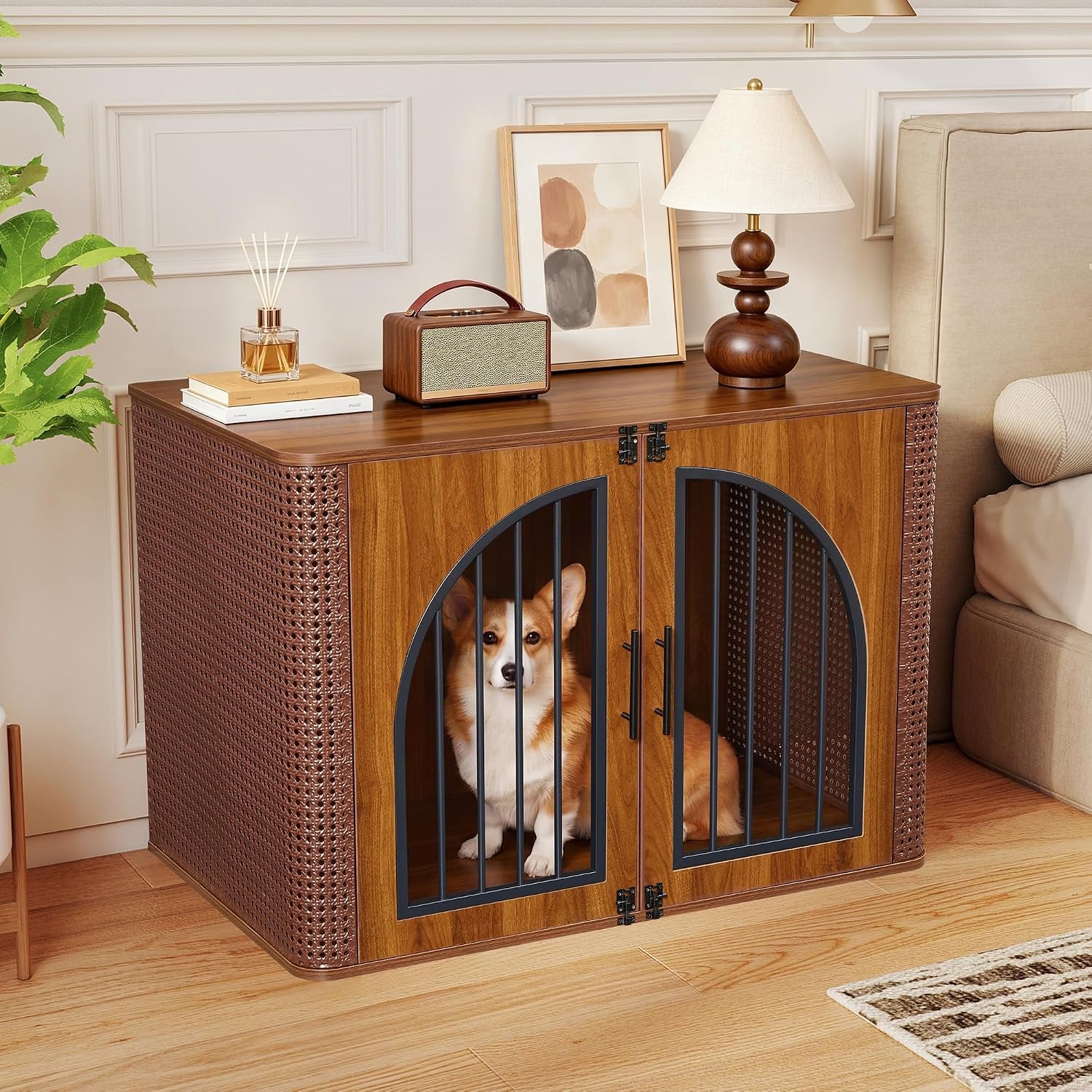 Walnut crate placed beside a bed with a corgi sitting and looking out through black vertical bars.