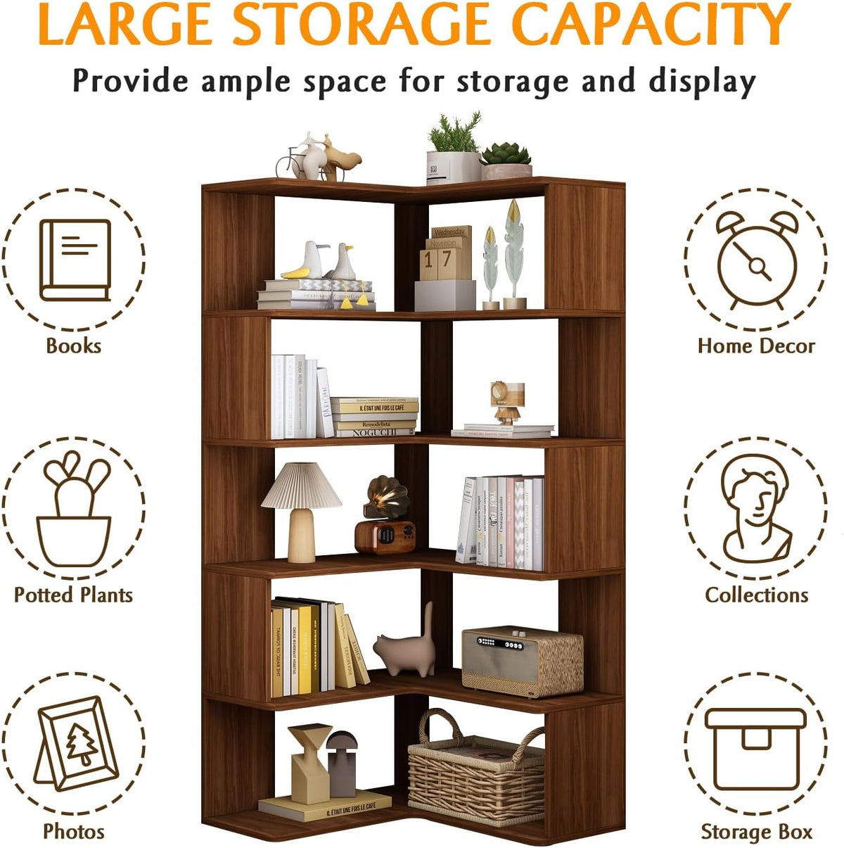 Walnut corner bookshelf with icons illustrating storage for books, plants, photos and decor