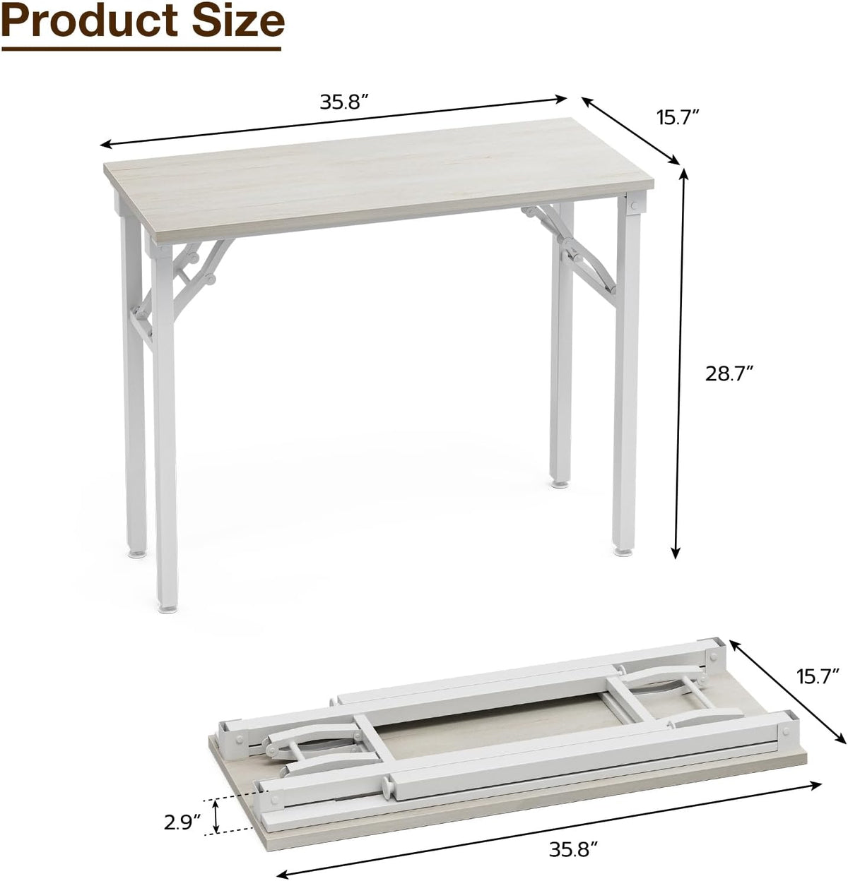 Three-quarter view of the desk with arrows indicating width, depth and height dimensions