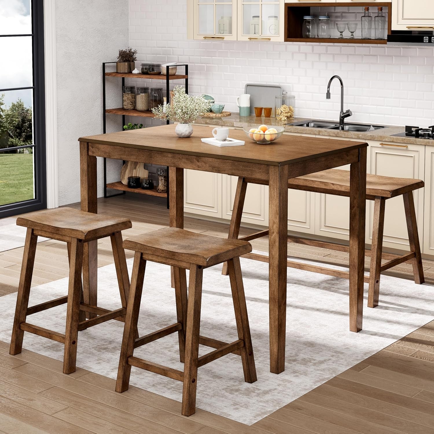 Solid rubber wood counter-height table with bench and two stools in a kitchen, angled front view
