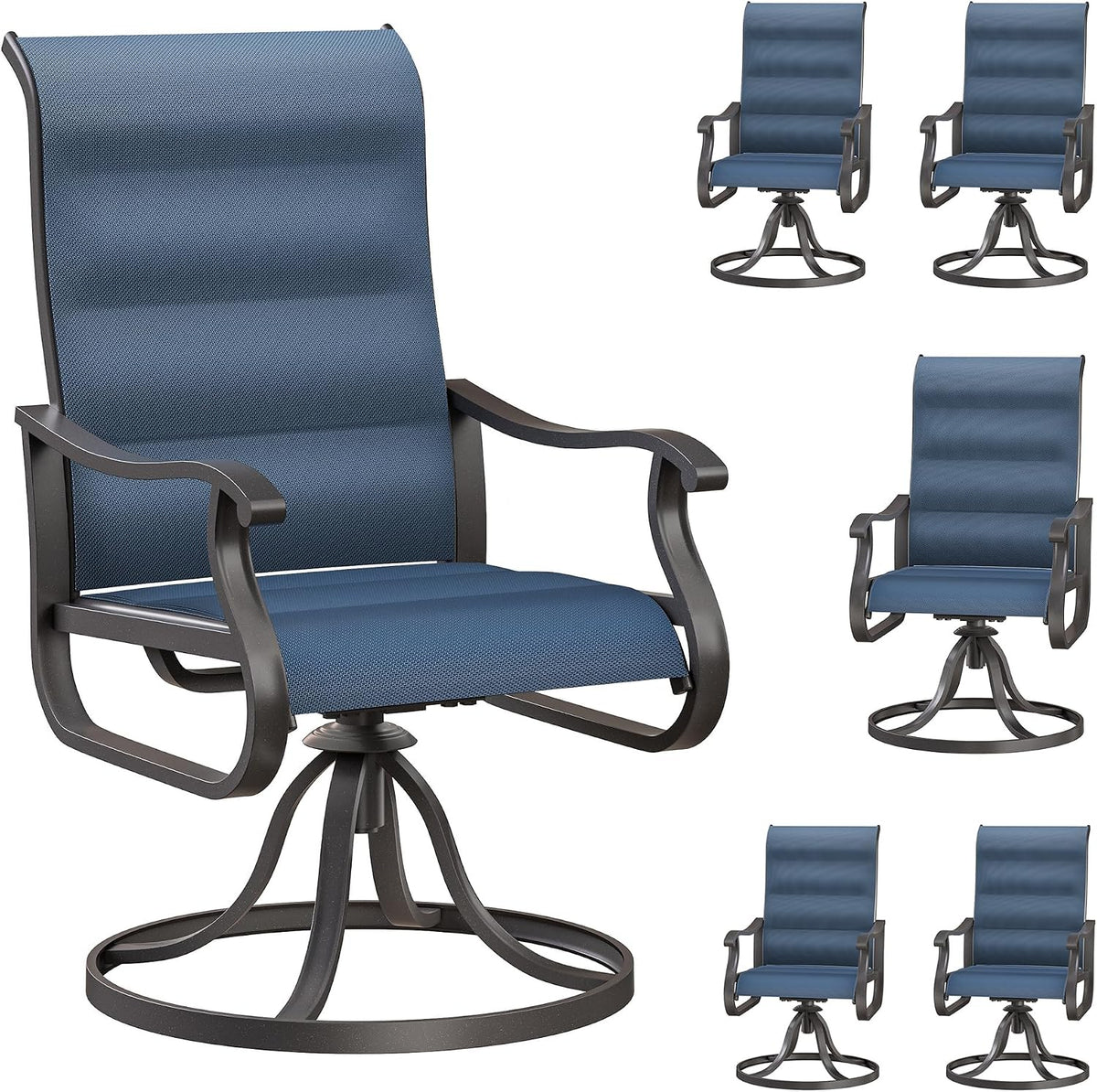 Large blue-textilene swivel patio chair at left with four smaller inset images of the same blue chair at right