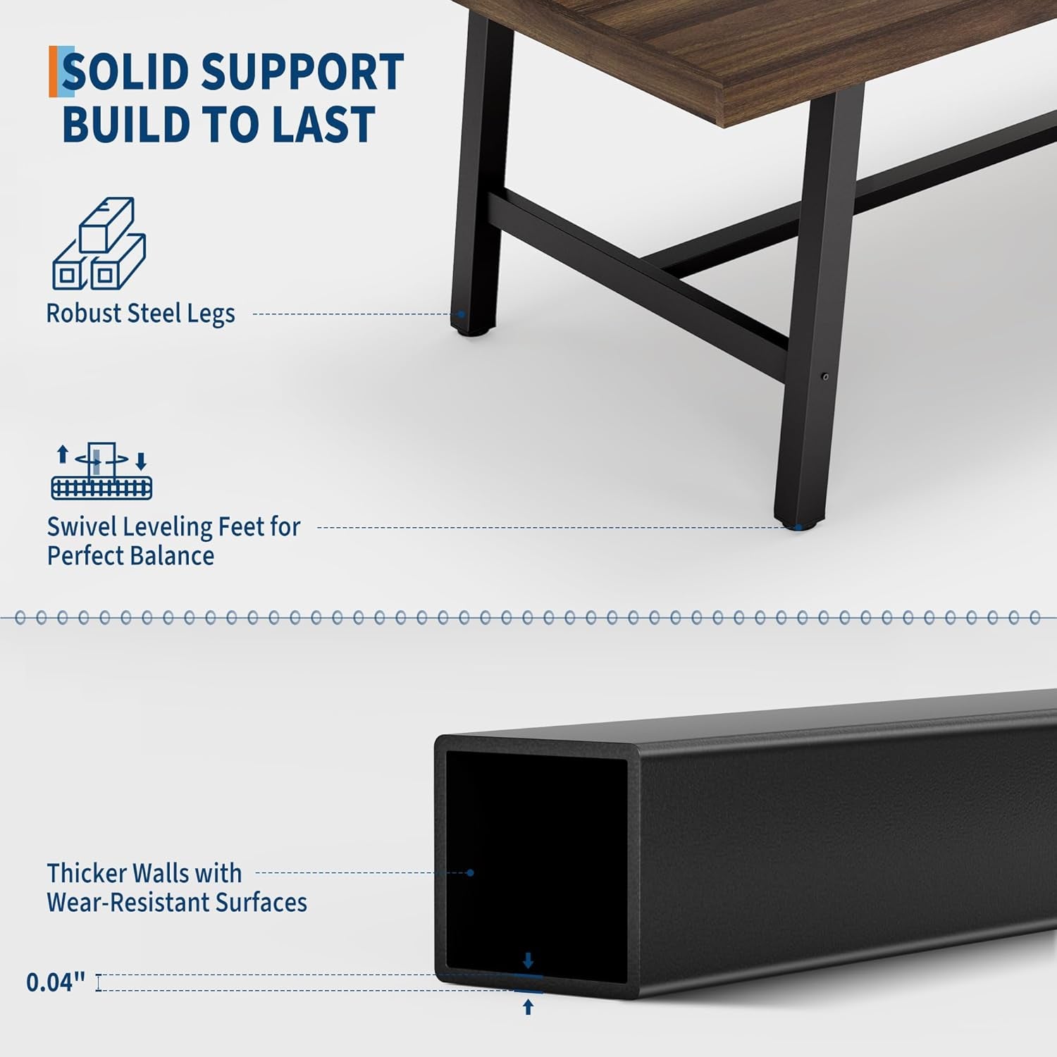 Close view of the table's black square metal leg and crossbar with a metal tube detail below.