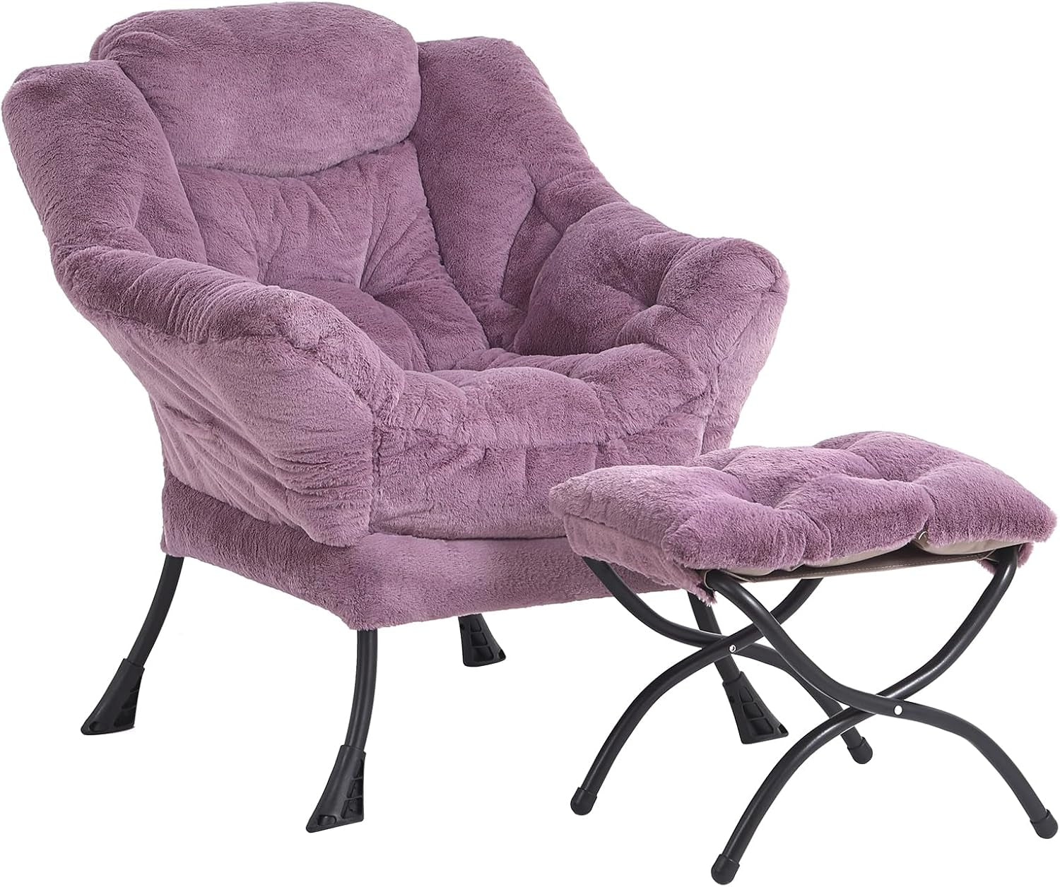 Lavender plush armchair with matching padded ottoman, both on curved black metal bases