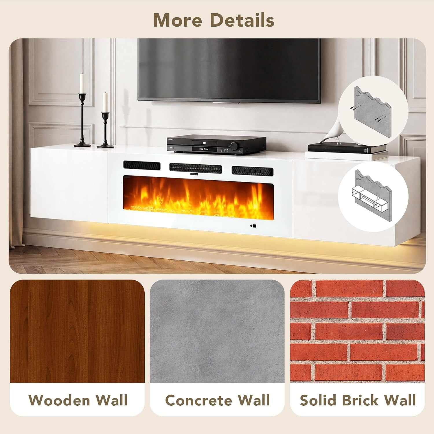Mounting guidance graphic showing the console installed on wooden, concrete and solid brick walls