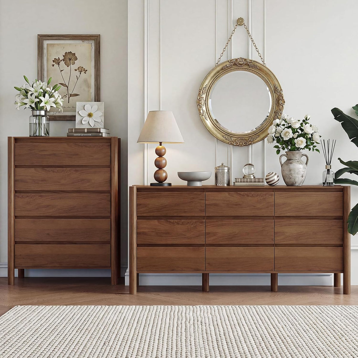 Walnut-finish dresser and tall chest styled with decor against a paneled wall