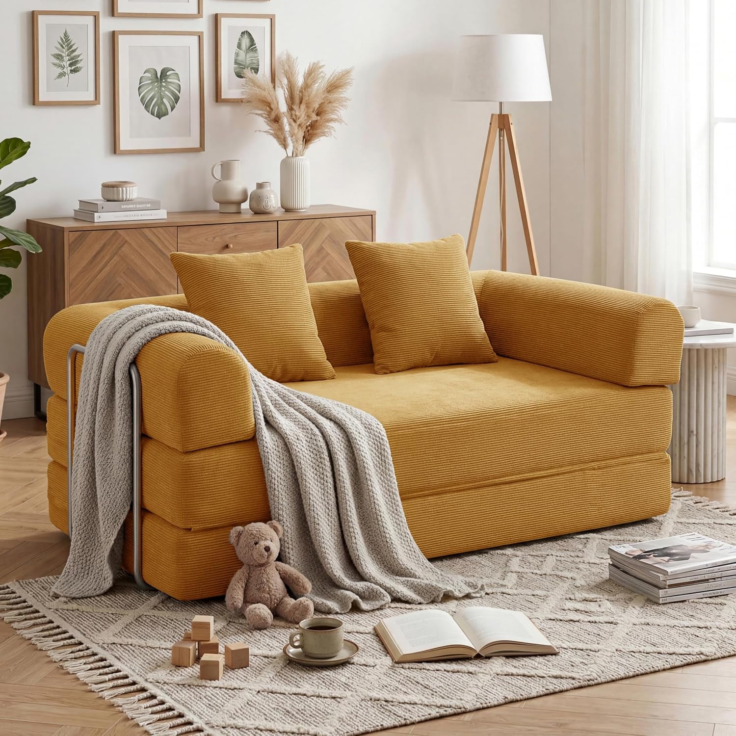 59'' Convertible Compressed Corduroy Folding Cloud Sofa Bed, Modern Boneless Pull Out Loveseat Sleeper in a Box, 4 in 1 Floor Mattress Futon Cloud Couch, No Assembly Needed, Green, 2 Pillows, Queen