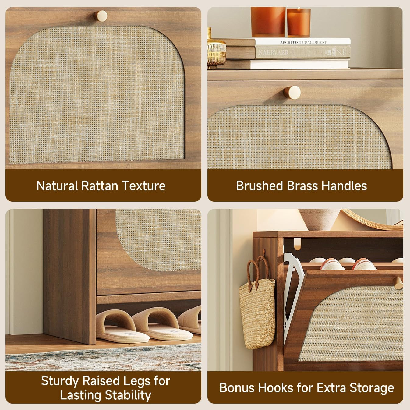 Four close-up panels: rattan panel, brass knob, raised base with slippers, and a side hook with a bag.