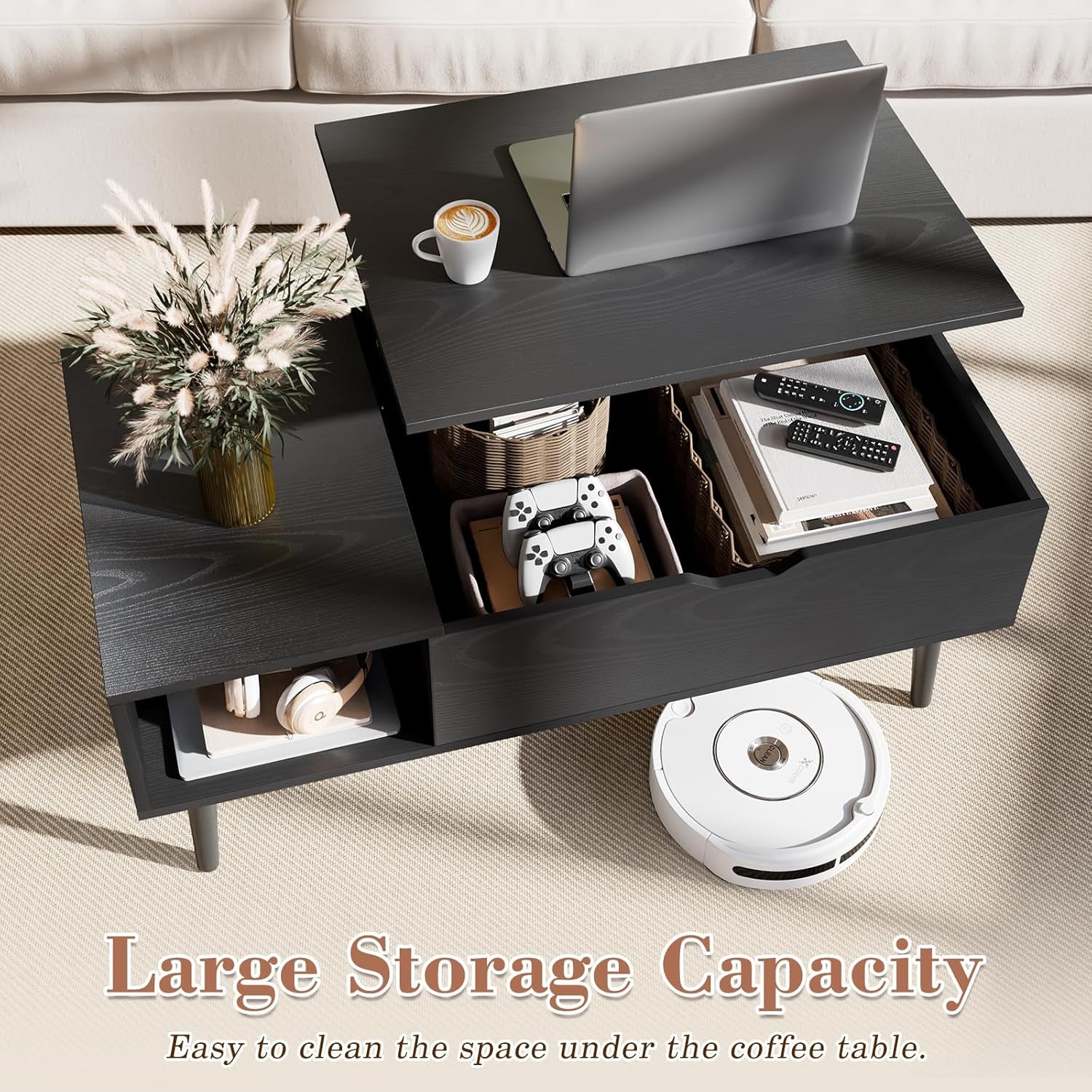 Overhead scene of lift-top table with storage bins and open compartment beside sofa