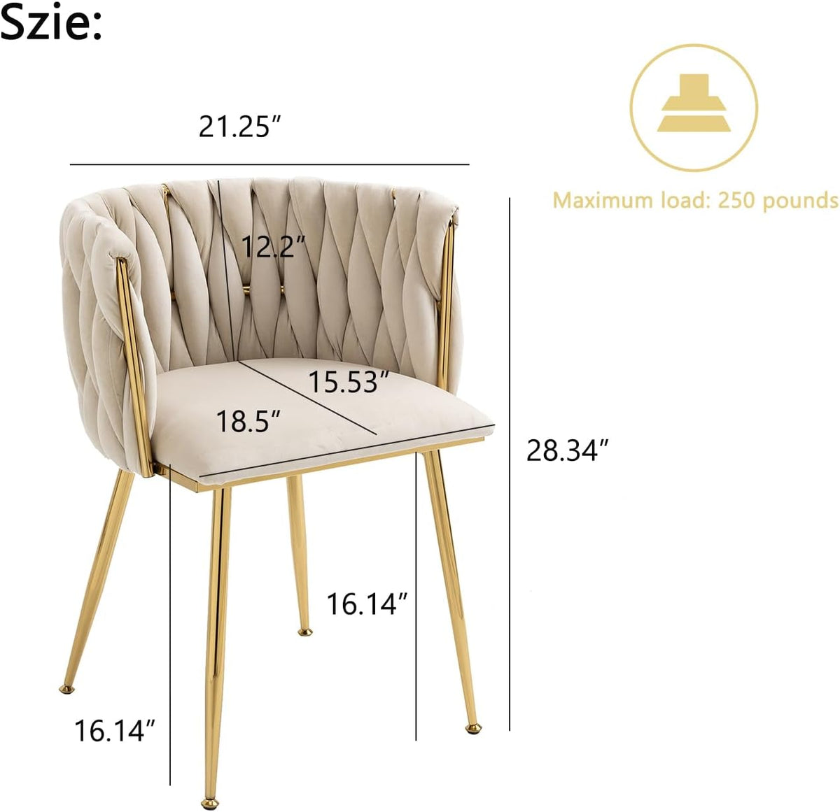 Beige velvet dining chair with dimension callouts and 250-pound maximum load graphic