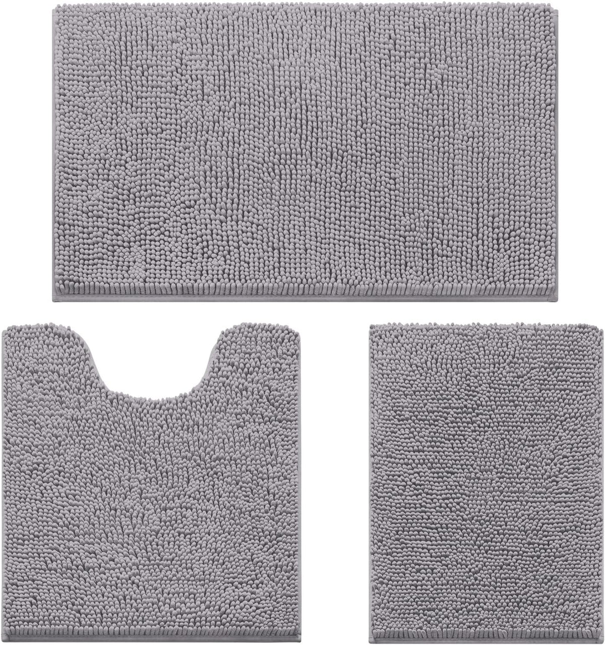 Flat lay of grey chenille 3-piece rugs on white background showing U-shaped contoured rug and two rectangular mats