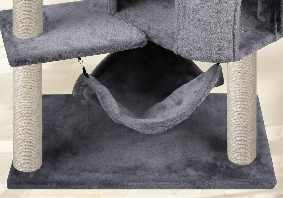 Low-angle close-up of the suspended grey hammock over the plush rectangular base between two scratching posts