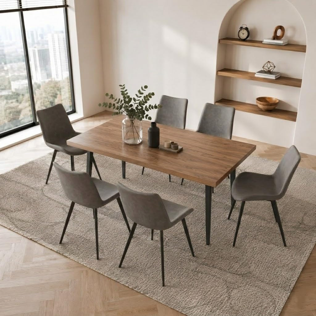 ZckyCine 70.8" Dining Table with 6 PU Leather Chairs, 7-Piece Modern Dining Set, Sturdy Metal Legs, gallery view 30