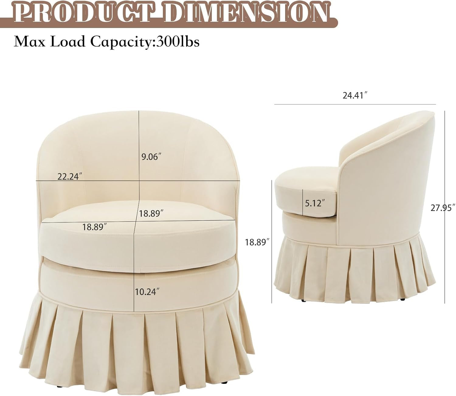 Beige chair with printed dimensions diagram showing 24.41" depth and 27.95" height