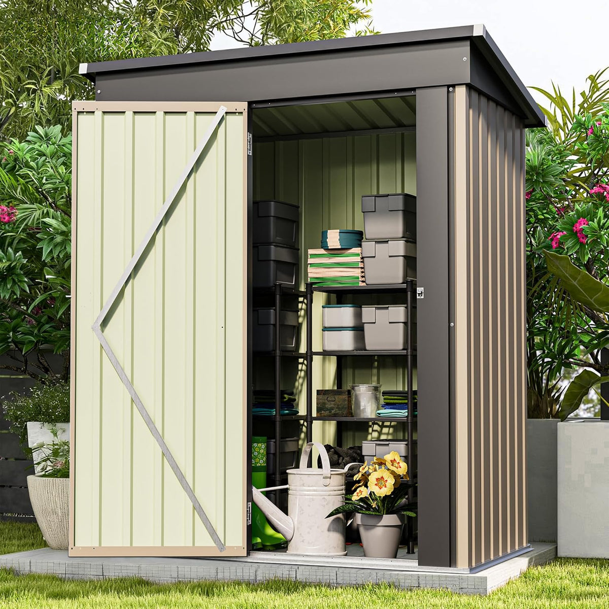 Open doorway revealing shelving with plastic storage boxes, a watering can and potted flowers on the concrete floor inside