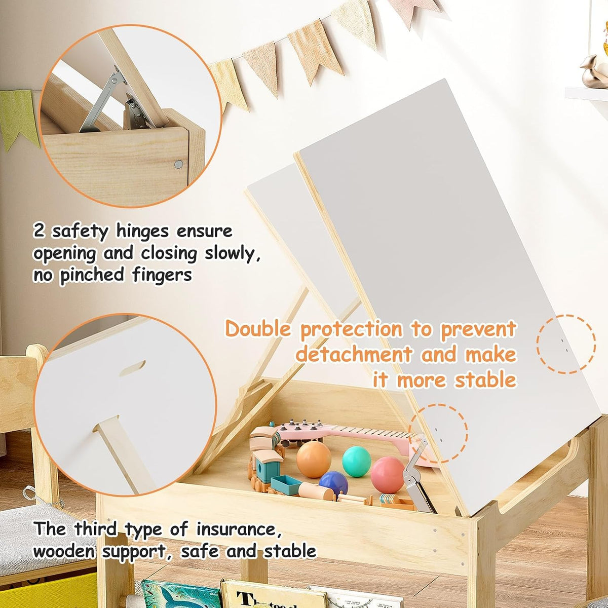 Close-up of the table's safety hinge and wooden support holding the adjustable tabletop open