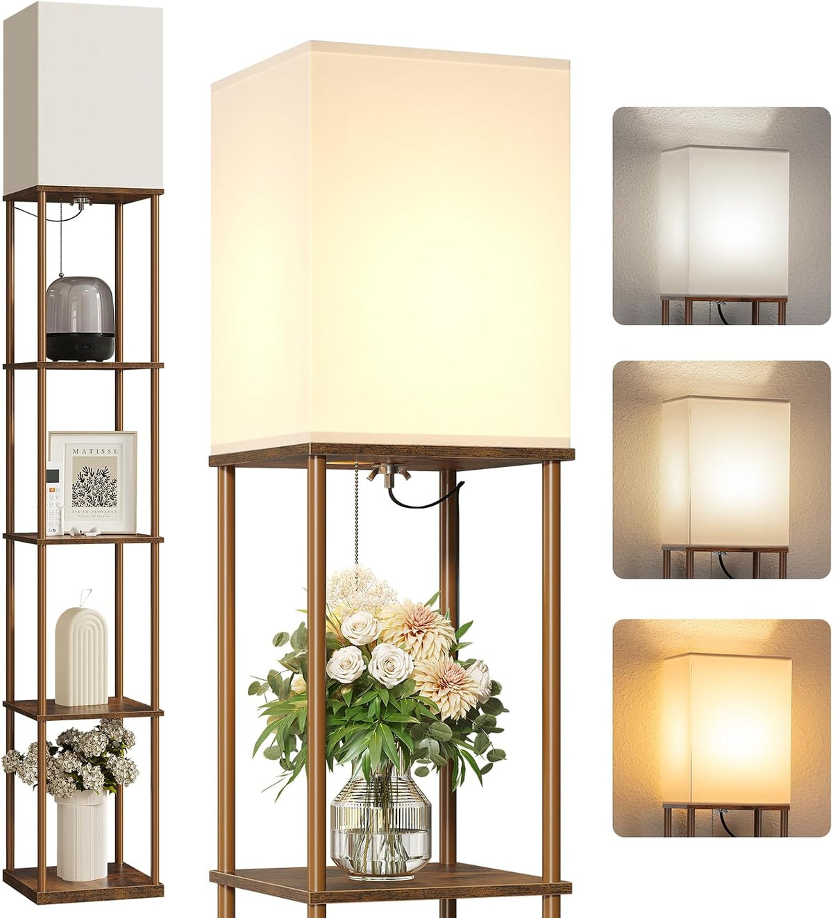 Brown floor lamp with four shelves shown with a close shot of the lit rectangular shade and three warmth variations.