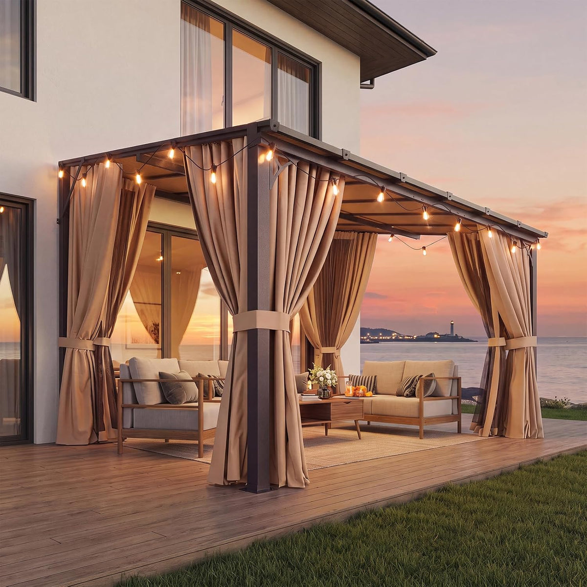 Patio pergola at sunset with warm string lights, brown curtains and cushioned seating on a wood deck by the water