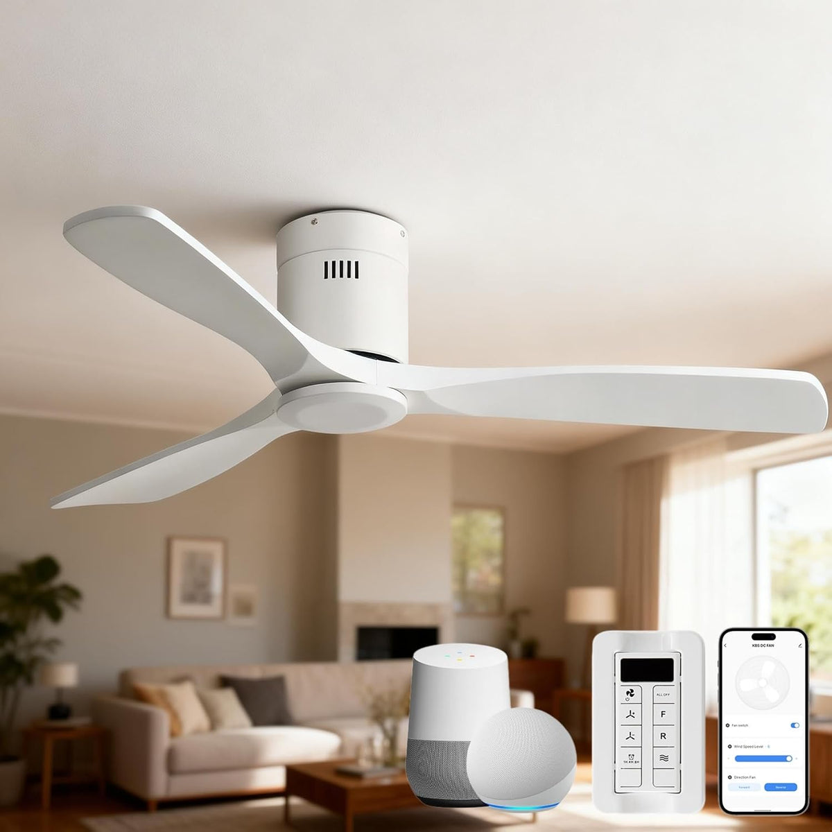 White flush-mount ceiling fan installed in a cozy living room with a wall remote, smartphone app and smart speaker devices