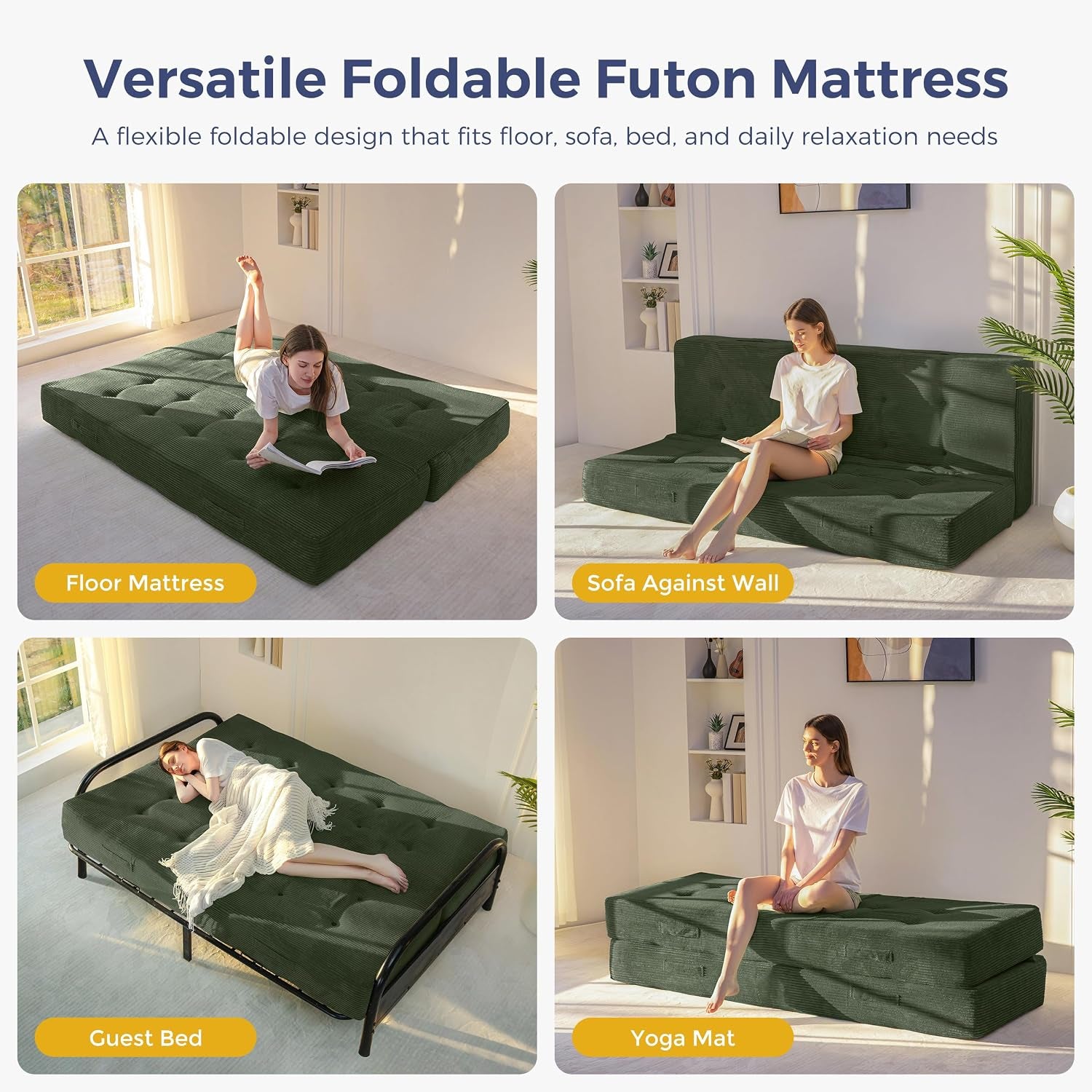 Collage of four scenes showing the dark green futon mattress used as floor mattress, sofa against wall, guest bed and yoga/se