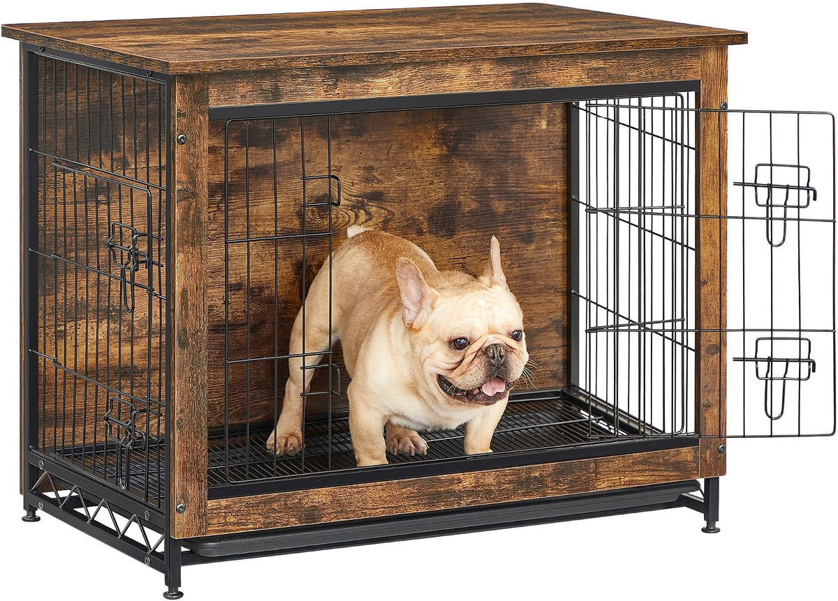 Rustic brown wood dog crate on white background with a small tan French bulldog inside