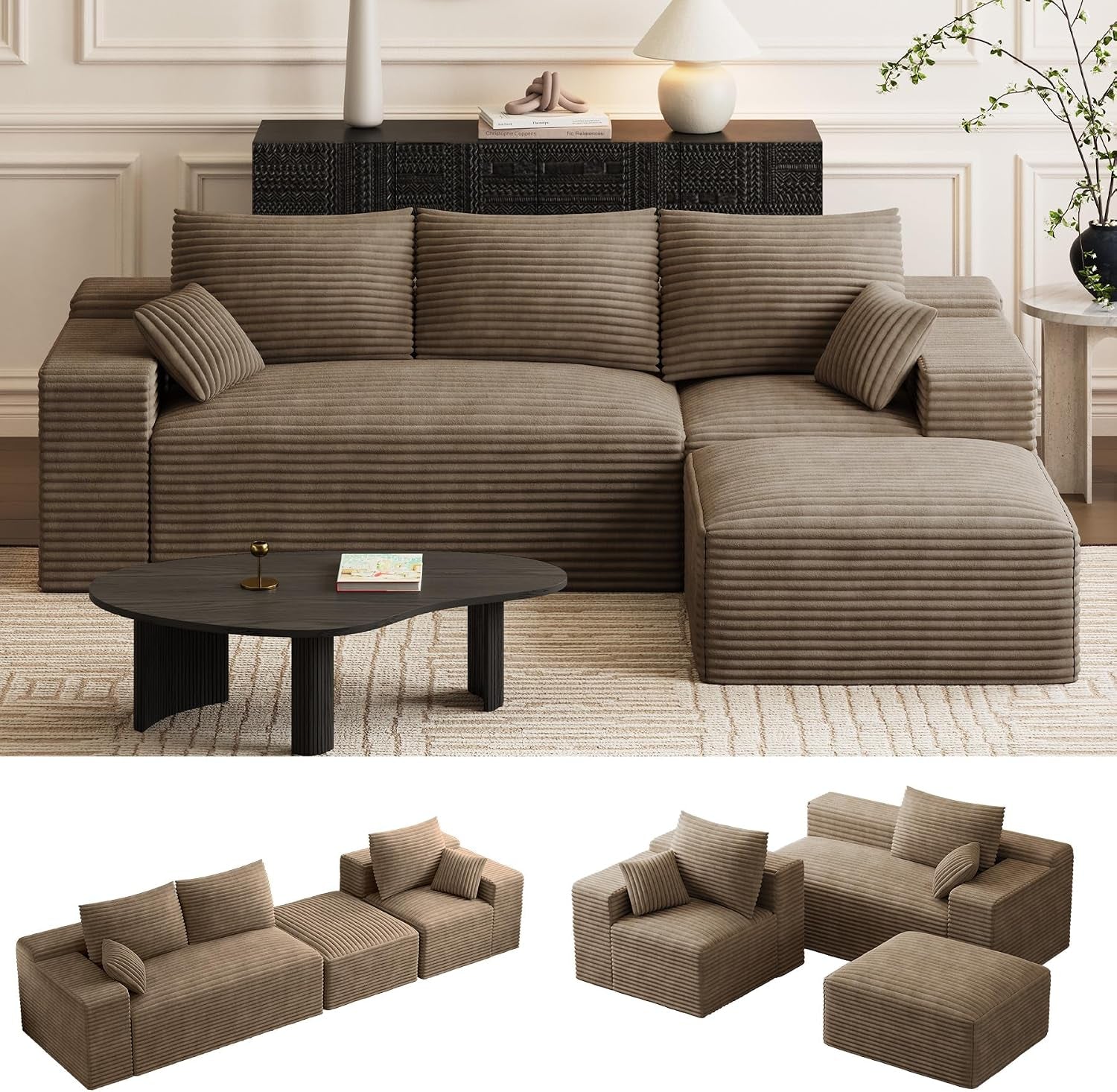 ONEMMLION 96" L-Shaped Cloud Boneless Couch Sofa with Chaise, Beige White | Corduroy Comfy Fluffy Modular Deep Seat Memory Foam Compressed Sectional Sofa for Living Room Oversized Left Facing Chaise