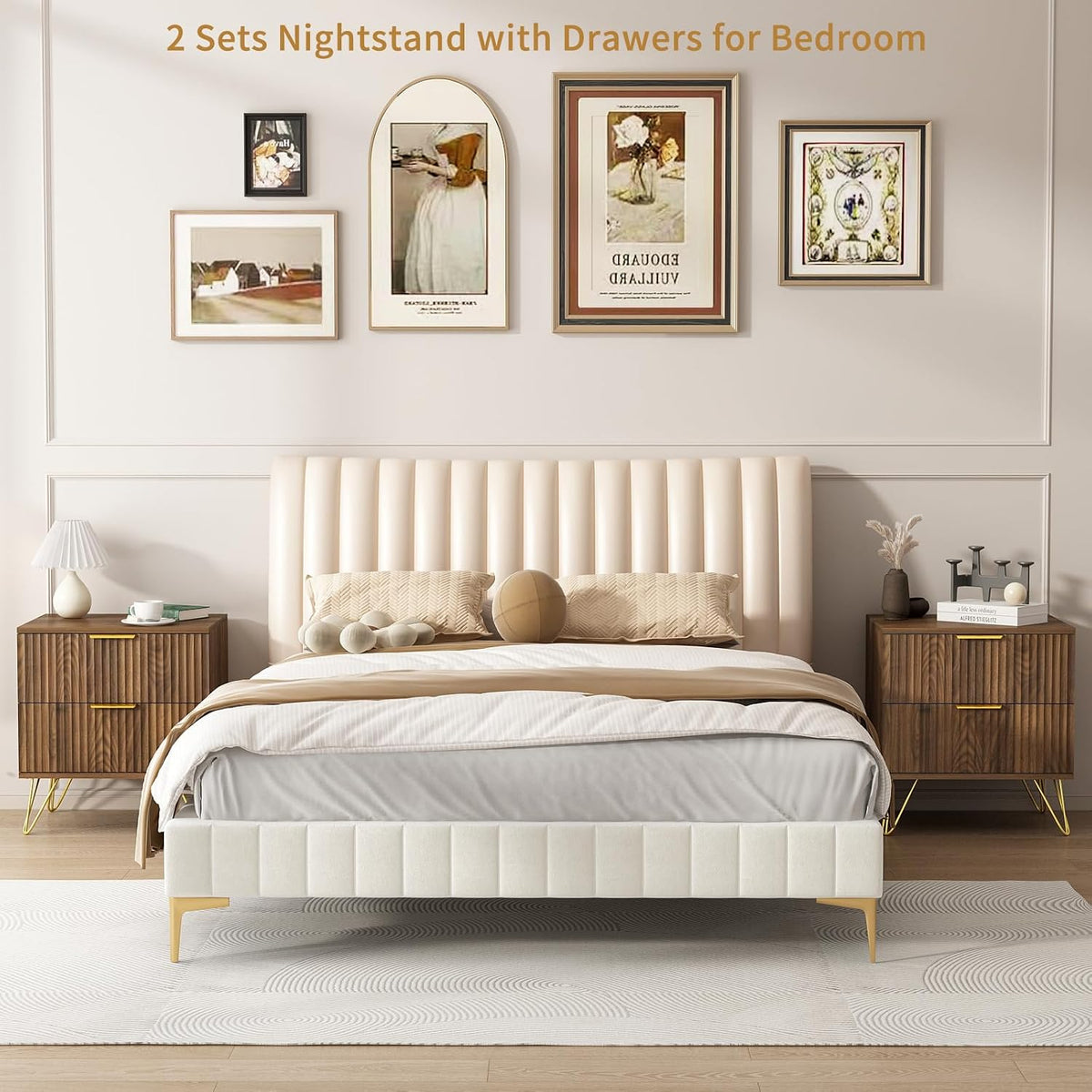 Bedroom scene with a bed centered between two matching walnut nightstands topped with decor.