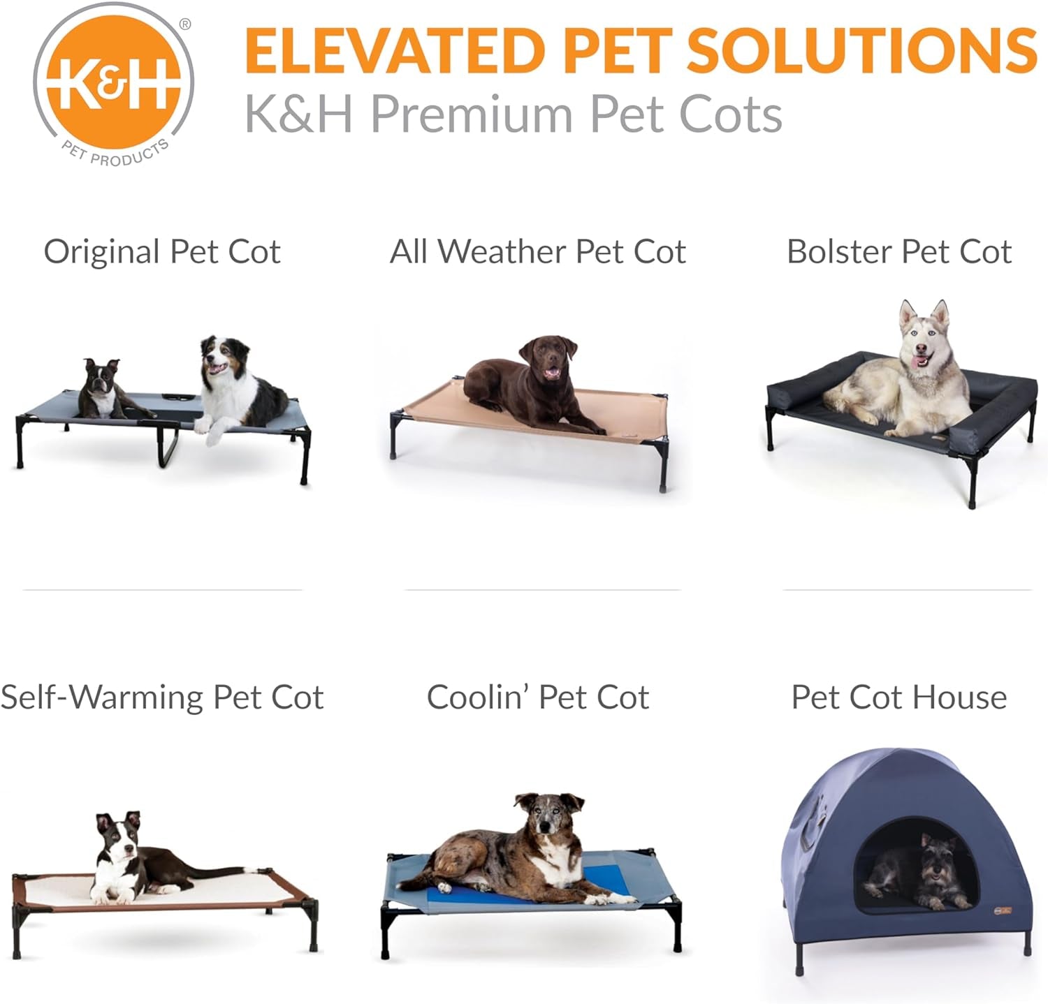 Grid showing six pet cot styles with dogs resting on various elevated cots and a cot house.