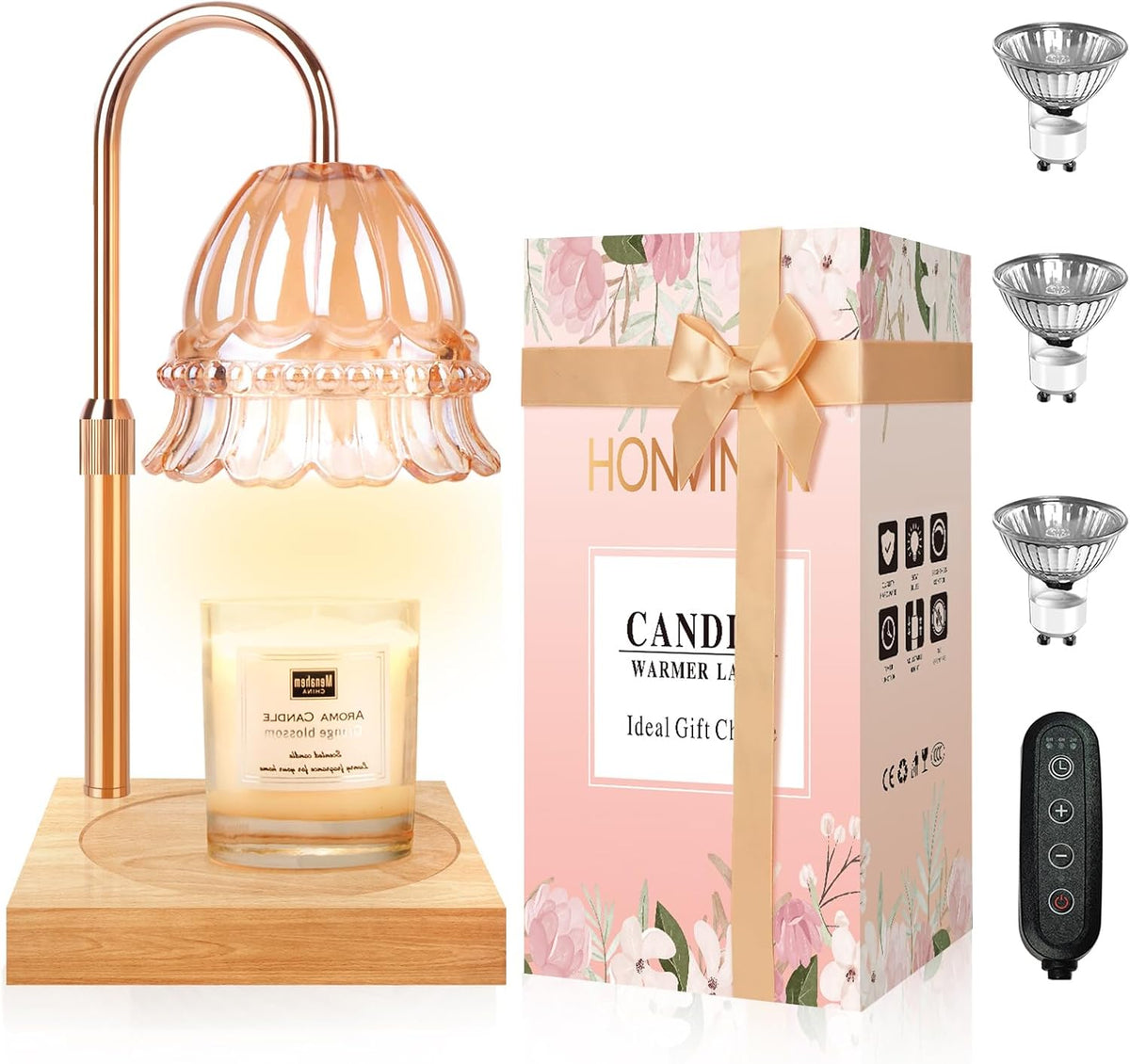 Gold-arched candle warmer with scalloped peach glass shade above wood base, shown with gift box, bulbs and remote