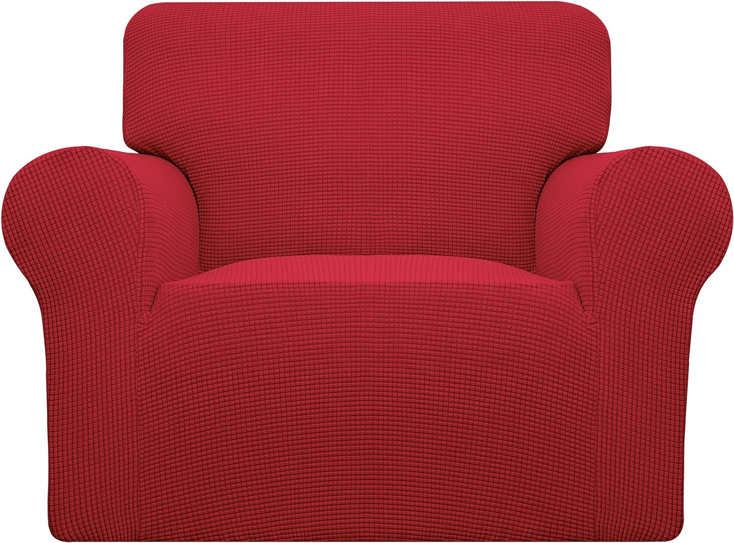 Front view of an armchair fully covered in a red textured stretch slipcover.