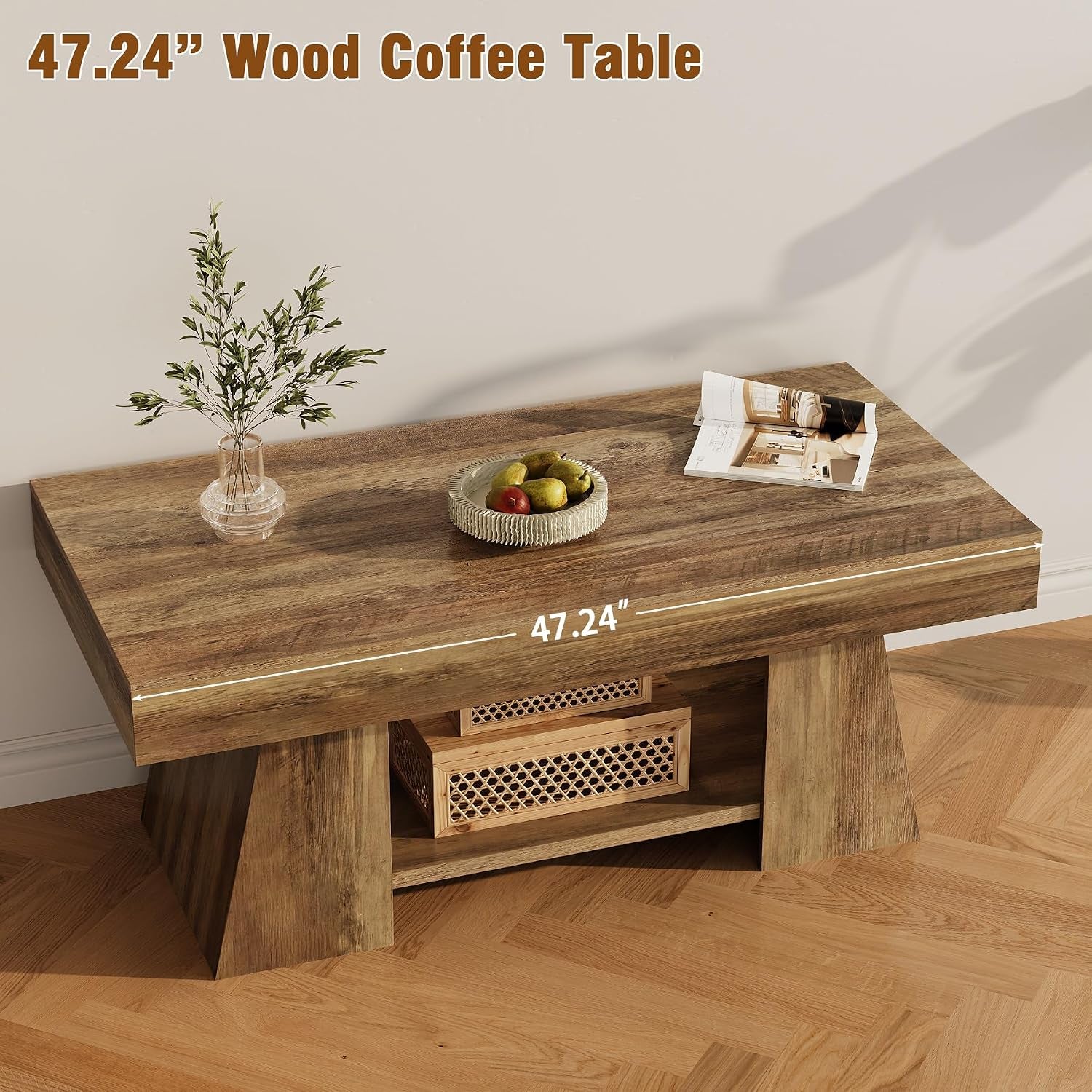 Rectangular retro-brown wood coffee table with a vase, fruit bowl and open magazine on top in a simple room.