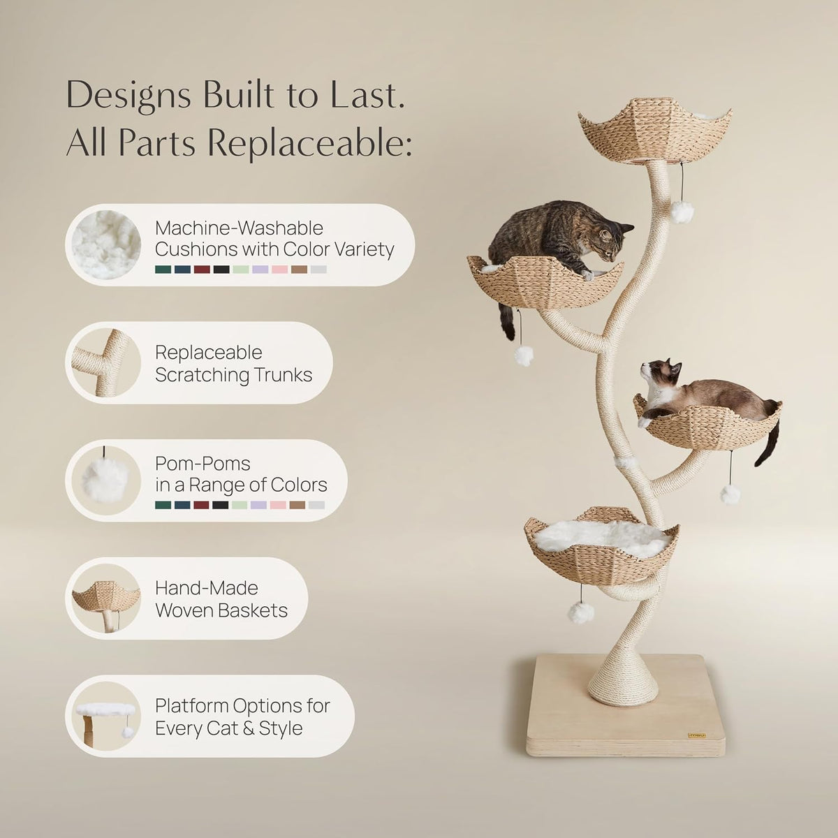Promotional layout showing hand-made woven baskets, machine-washable cushions and replaceable parts