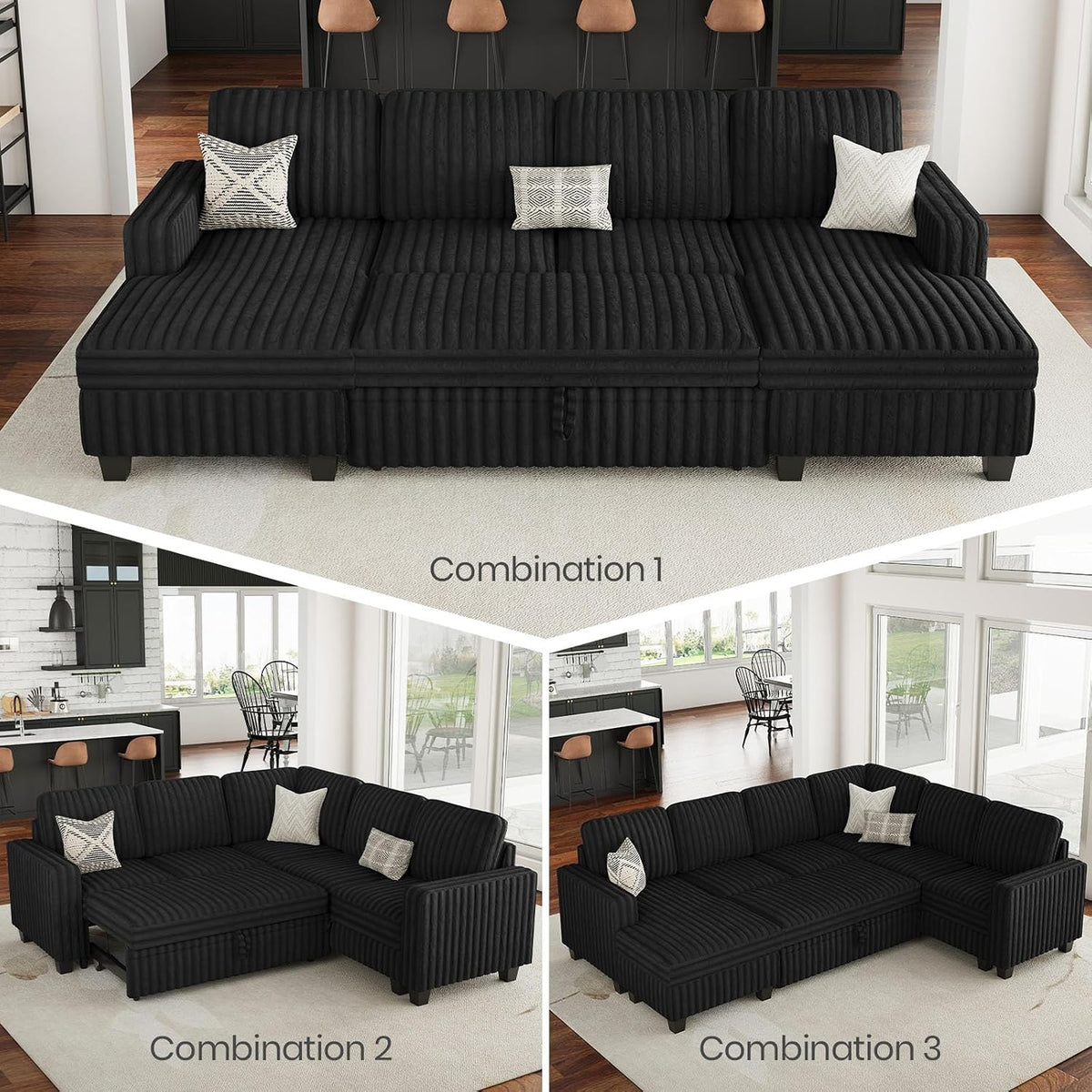 Top-front view of the black sectional configured as a flat sleeper with two smaller arrangement photos below