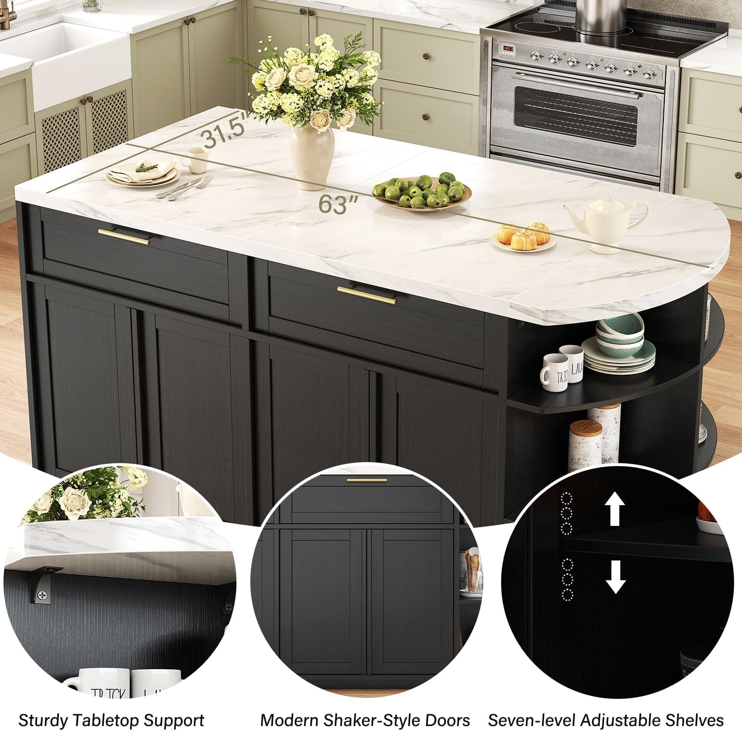 Angled view of a black island with a white faux‑marble top, vase of flowers and rounded open side shelves with three