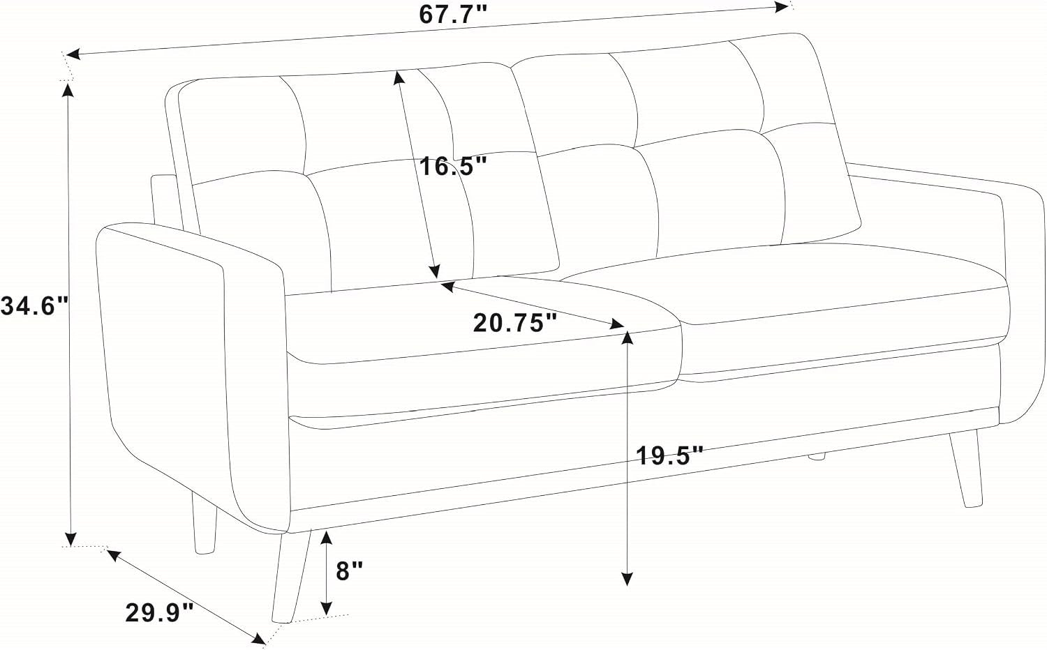 Line drawing dimension diagram showing 67.7" width, 34.6" height and 19.5" seat height measurements