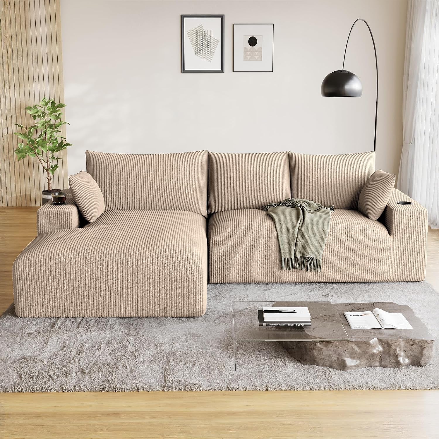 ONEMMLION 96" L-Shaped Cloud Boneless Couch Sofa with Chaise, Beige White | Corduroy Comfy Fluffy Modular Deep Seat Memory Foam Compressed Sectional Sofa for Living Room Oversized Left Facing Chaise