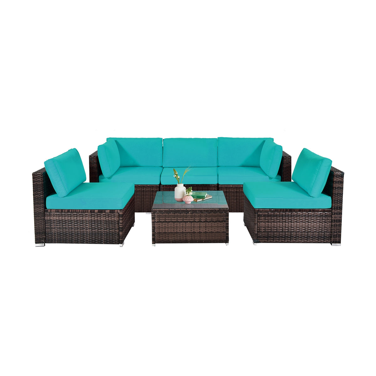 6 Pieces Patio Rattan Furniture Set with Cushions and Glass Coffee Table
