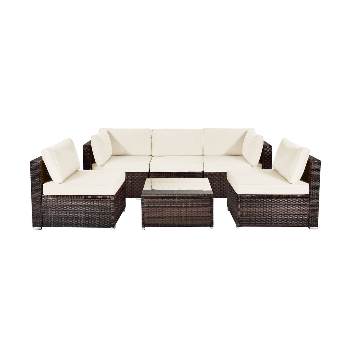 6 Pieces Patio Rattan Furniture Set with Cushions and Glass Coffee Table