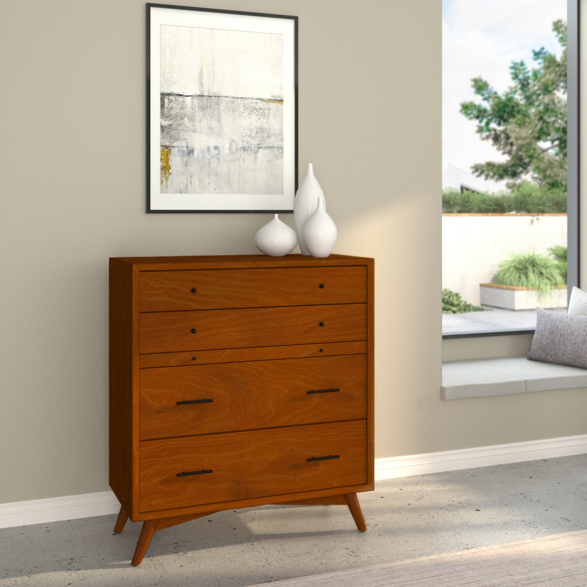 Flynn Mid Century Modern 4 Drawer Multifunction Chest with Pull Out Tray - Chestnut