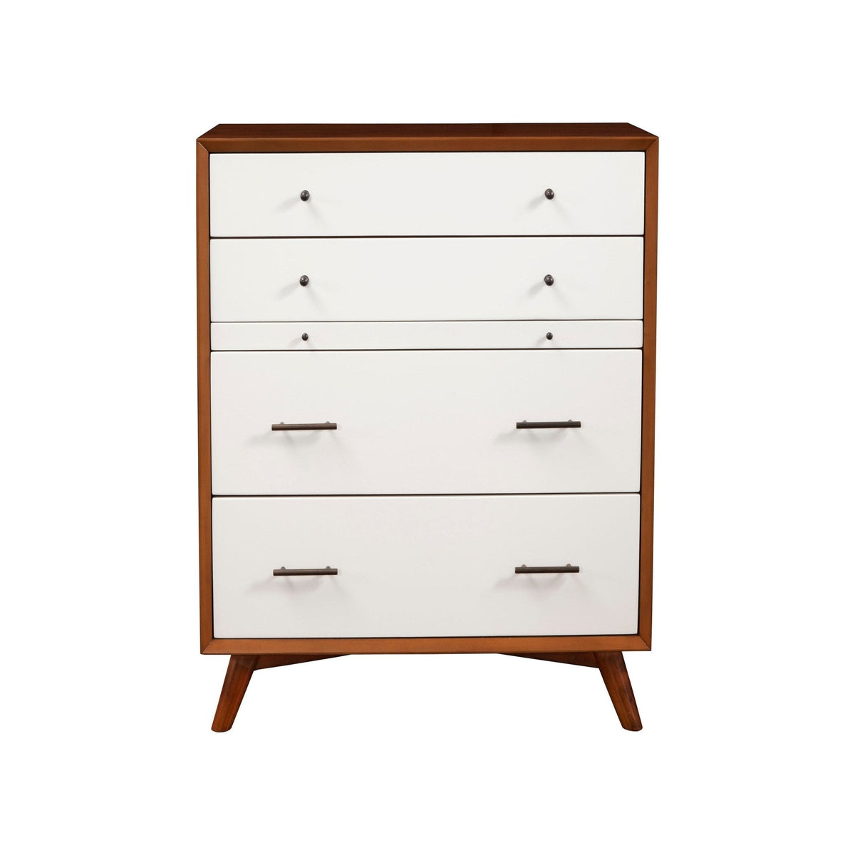 Front view of a chestnut-framed chest with white drawer fronts