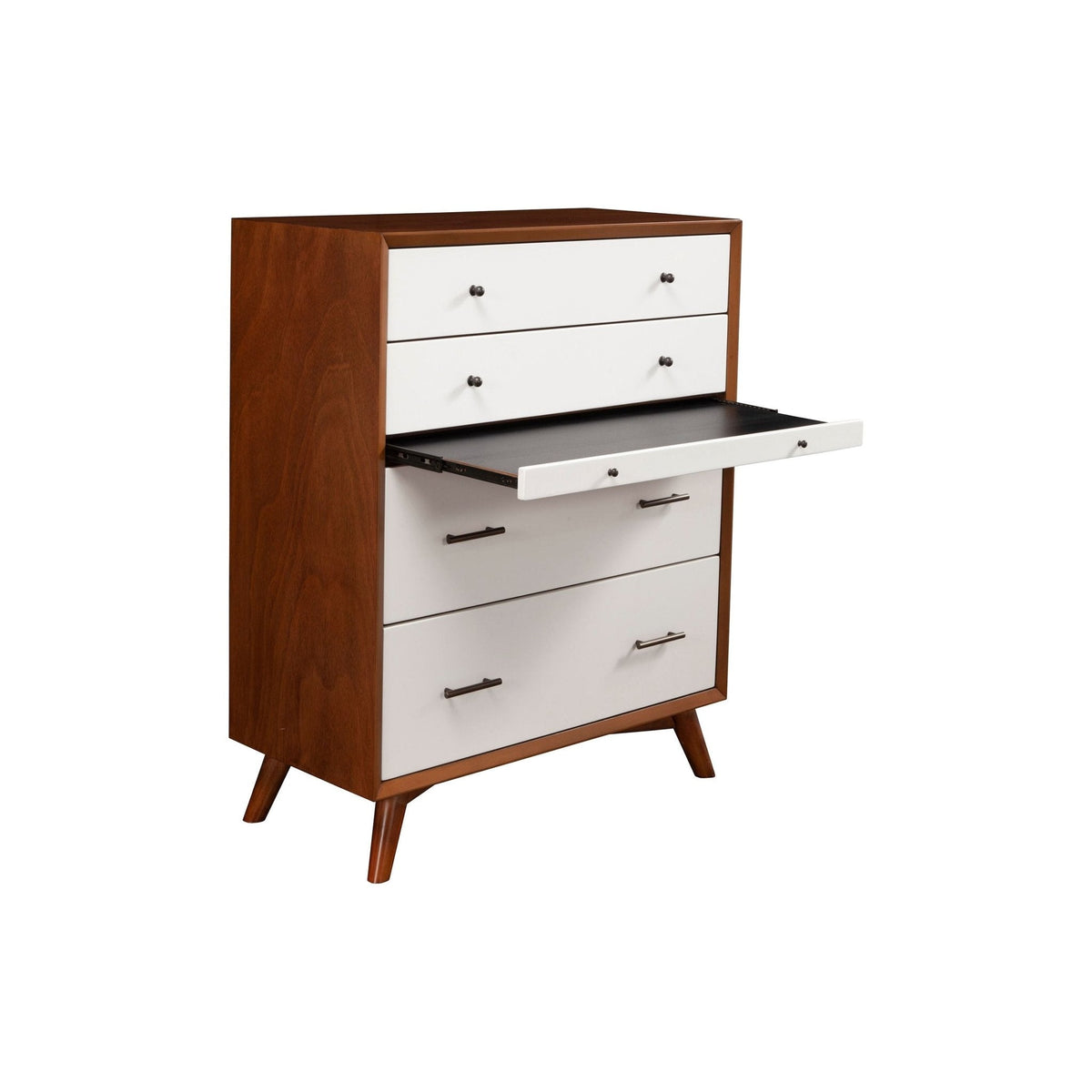 Angled view of the chest with its pull-out shelf extended