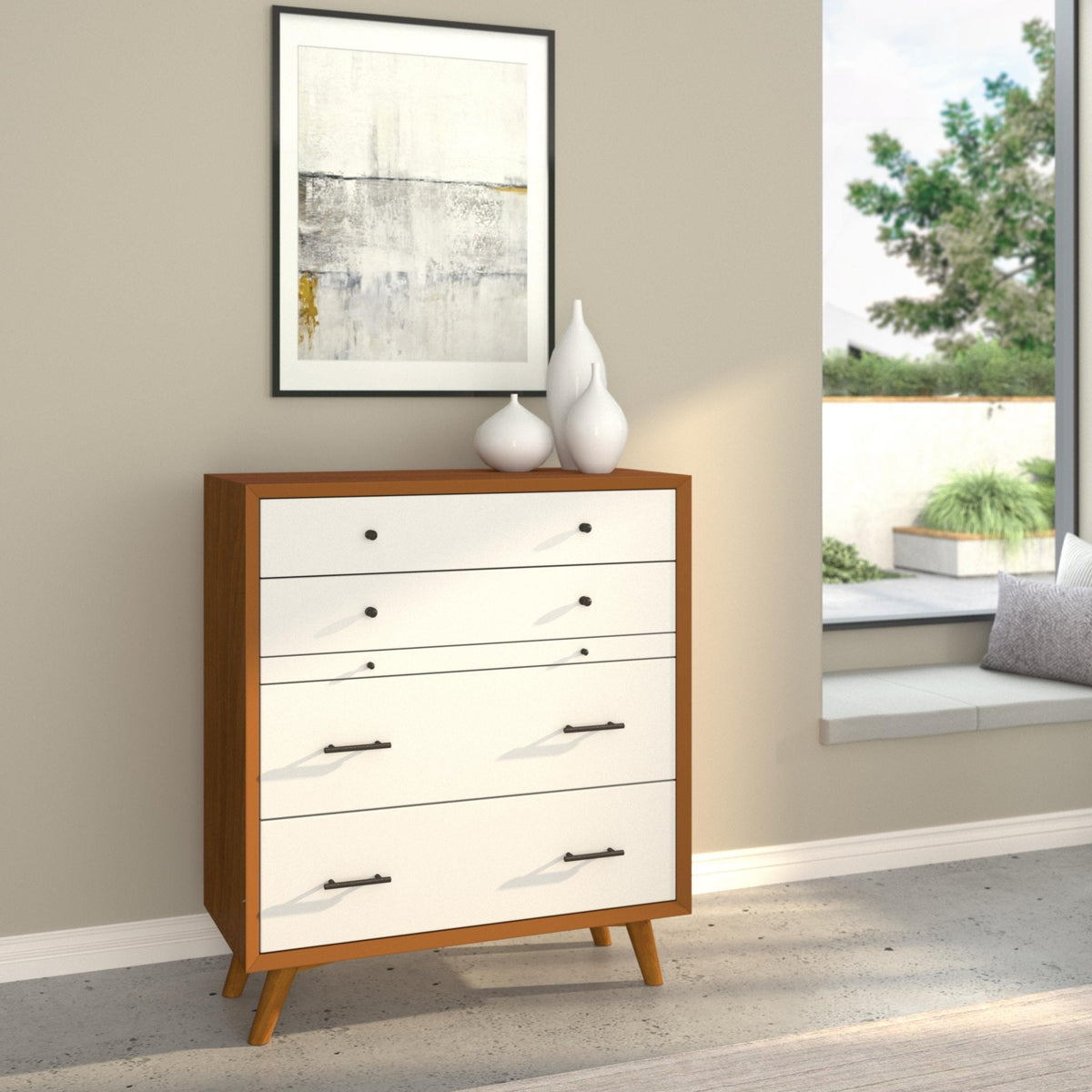 Chestnut and white four-drawer chest shown at an angle in a bright, styled room