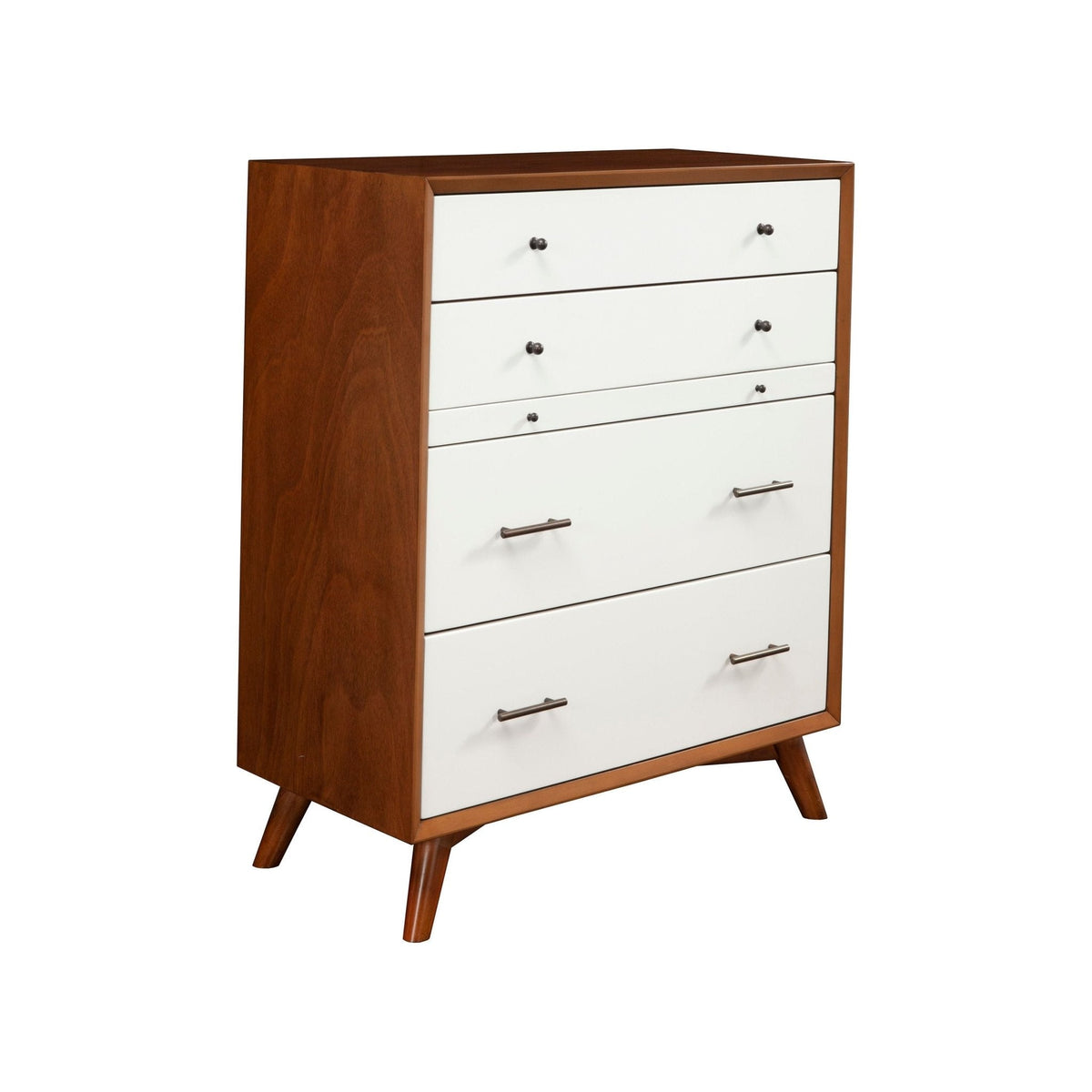 Angled front view showing the chestnut sides and white drawer fronts