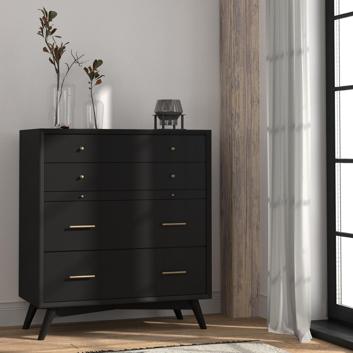 Flynn Mid Century Modern 4 Drawer Multifunction Chest with Pull Out Tray - Black