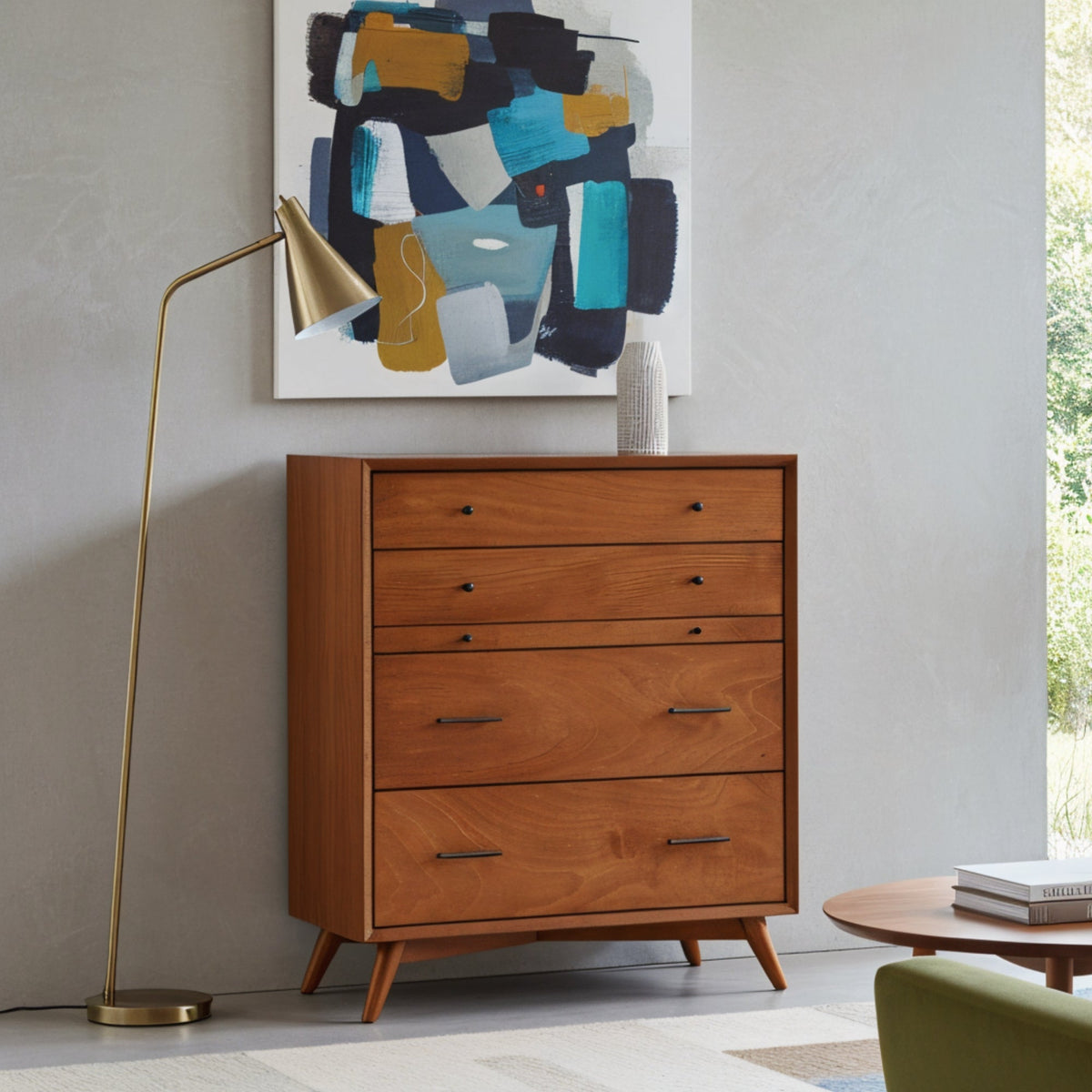 Flynn Mid Century Modern 4 Drawer Multifunction Chest with Pull Out Tray - Chestnut