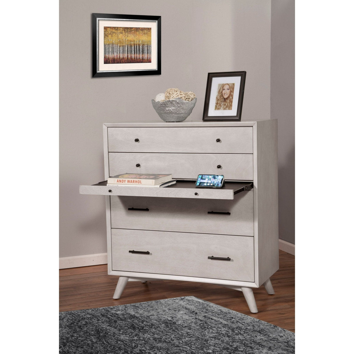 Flynn Mid Century Modern 4 Drawer Multifunction Chest with Pull Out Tray - Gray